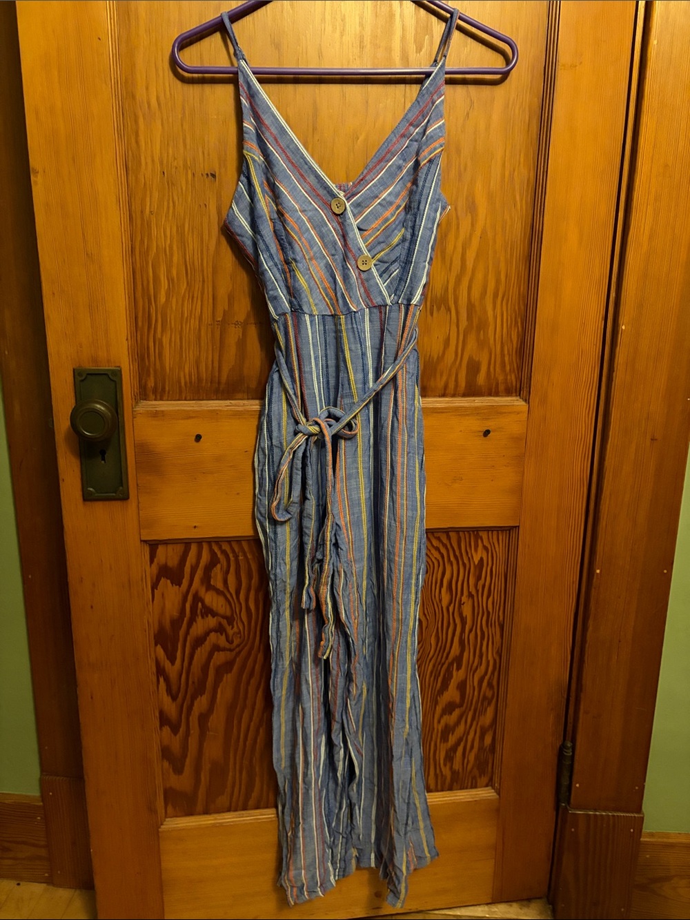 Rebellion Blue Striped Button-Front Jumpsuit with Tie Detail